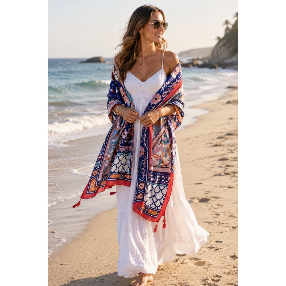 Mindful Souls Bohemian Mosaic Tassel Scarf Blue Red Beach Sarong Wrap